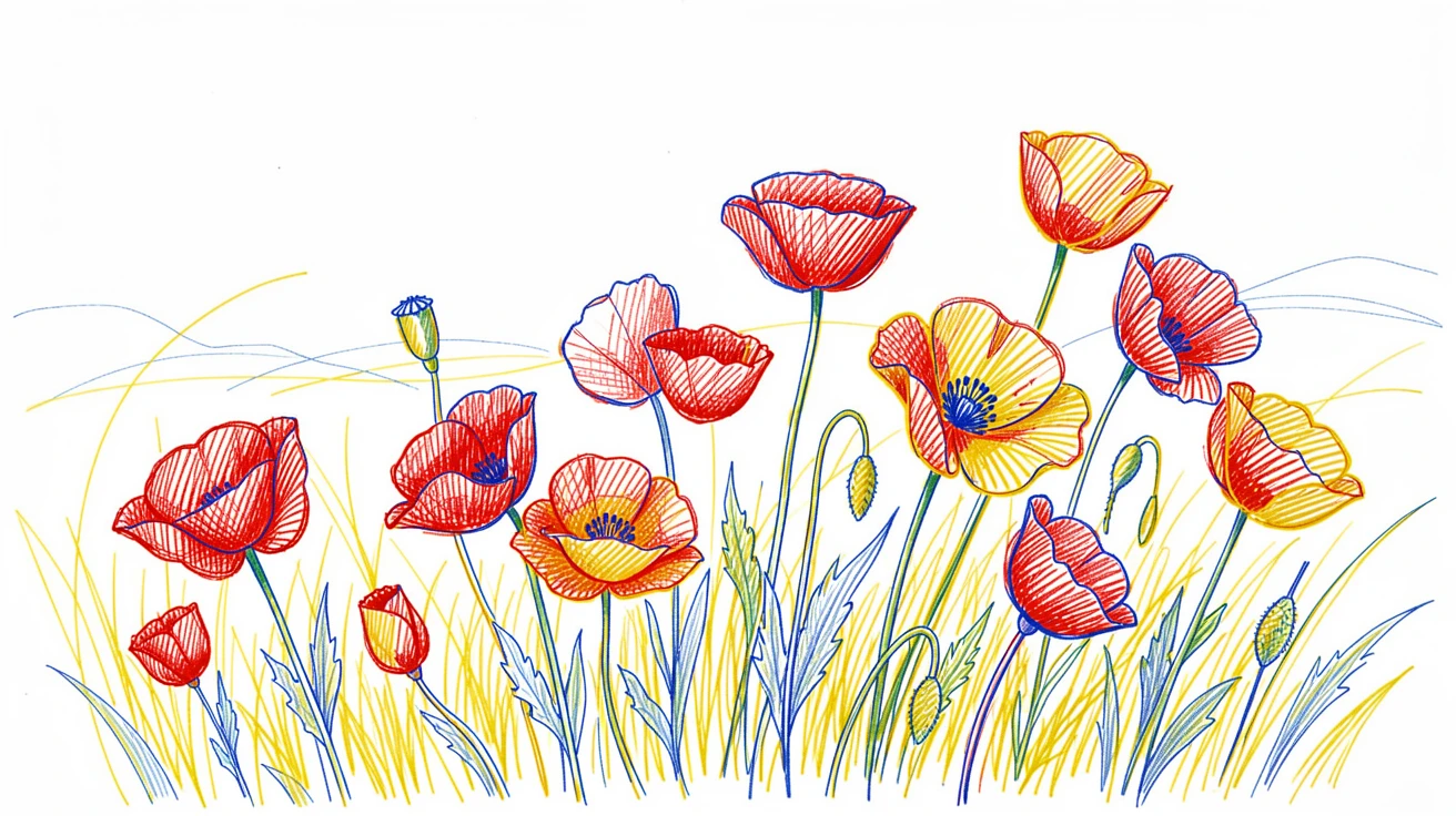 A vibrant field of poppies rippling gently in a warm breeze