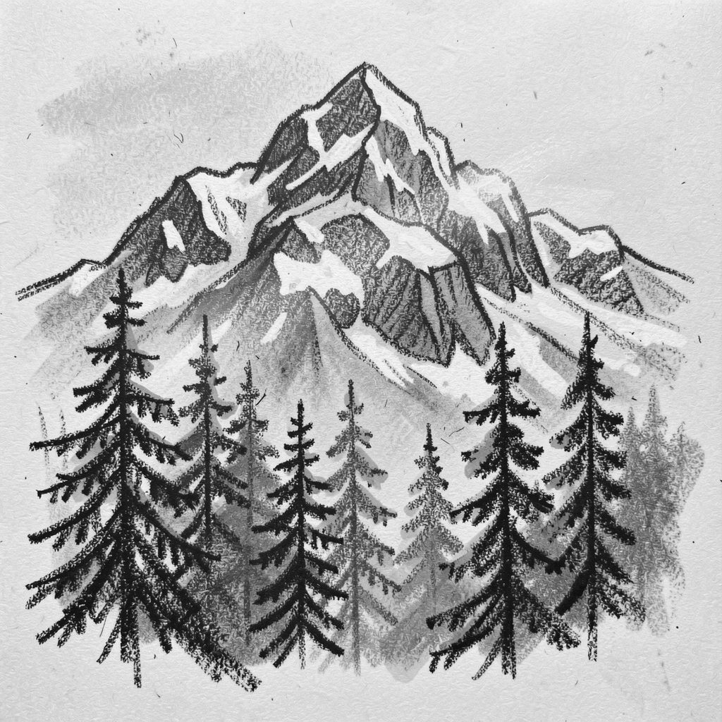 A snow-capped peak with golden light streaming through the trees.