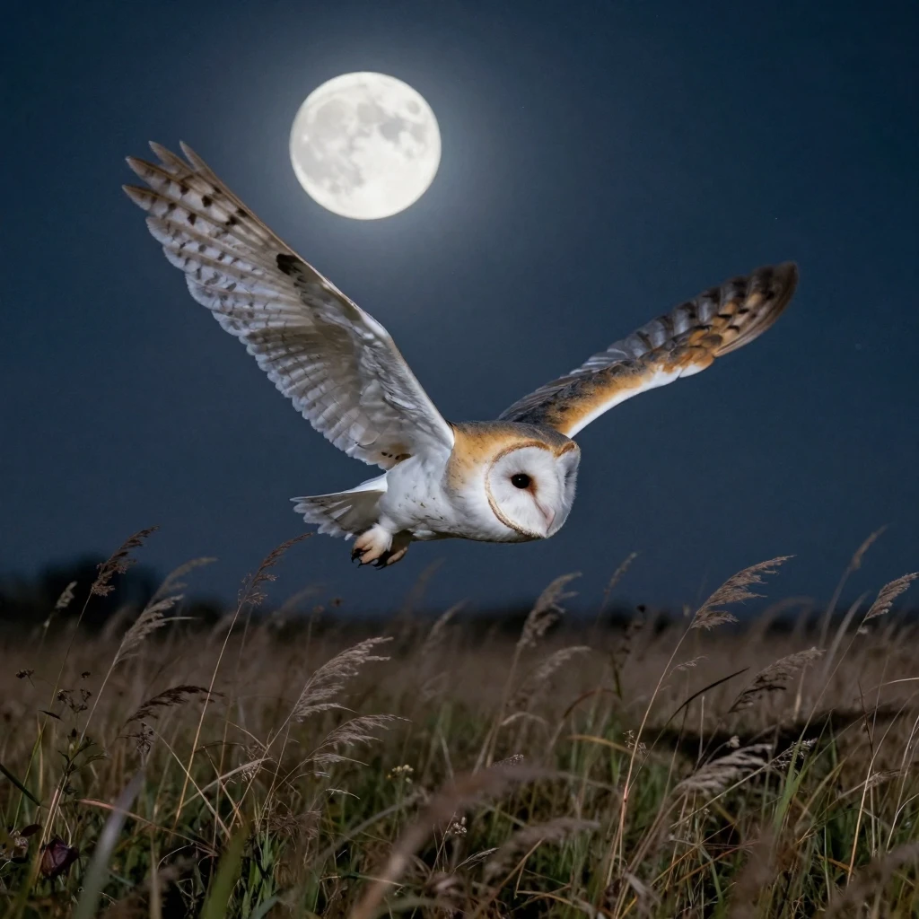 A barn owl swooping silently through a moonlit field