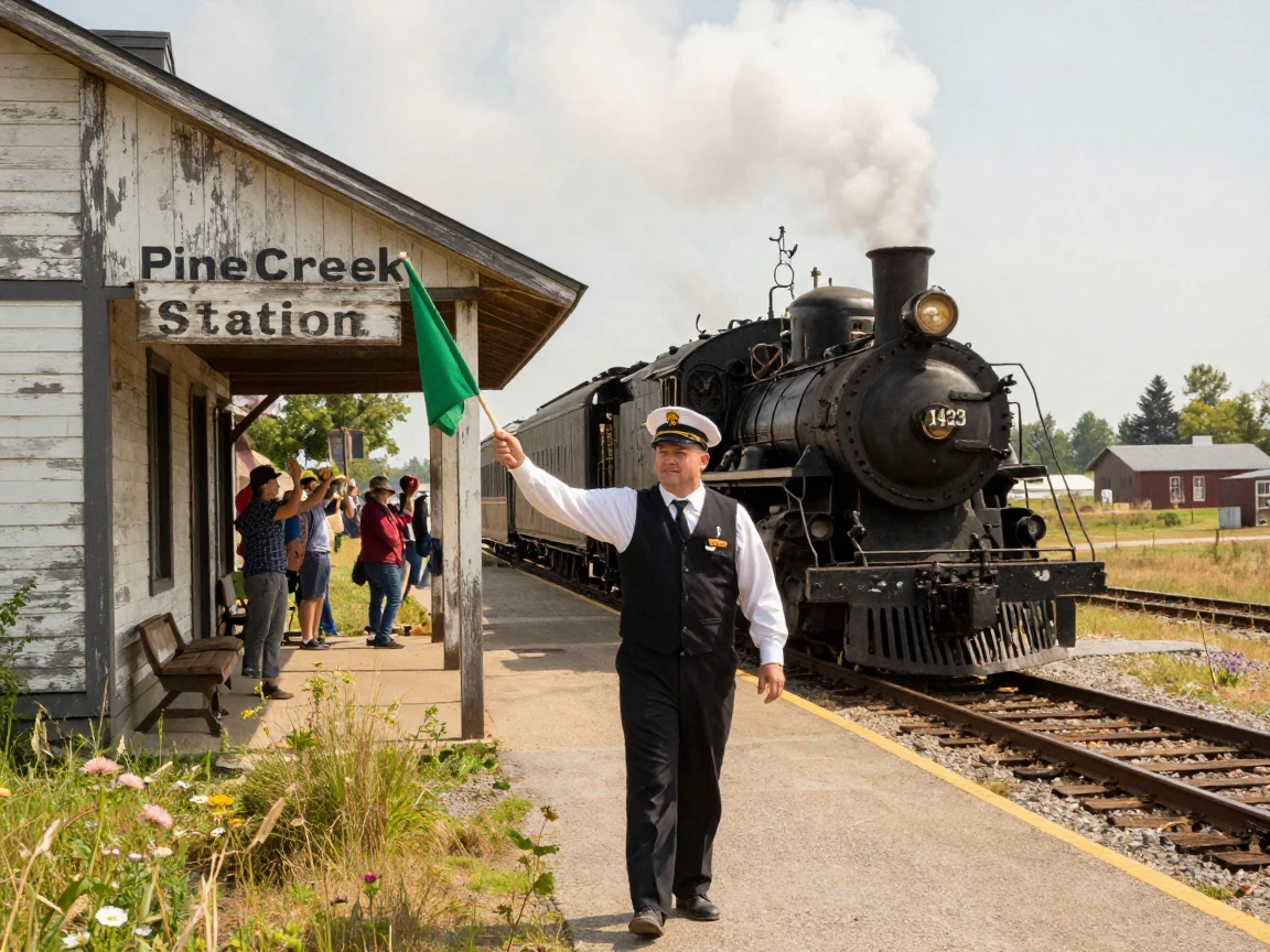 A train conductor waves a green flag as an old steam engine departs a rural station.