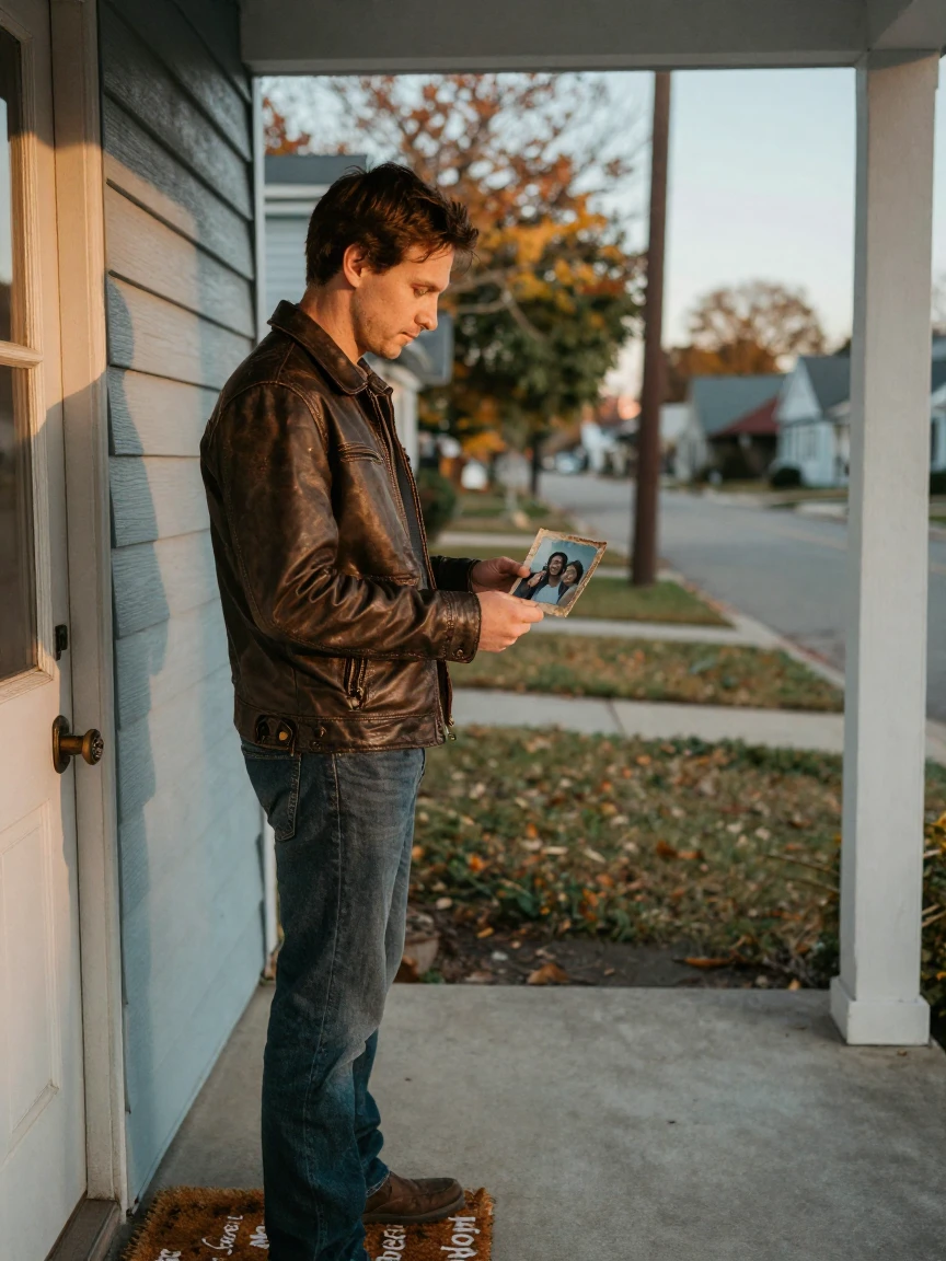 A lonely commuter holding onto a cherished memory on a quiet neighborhood doorstep