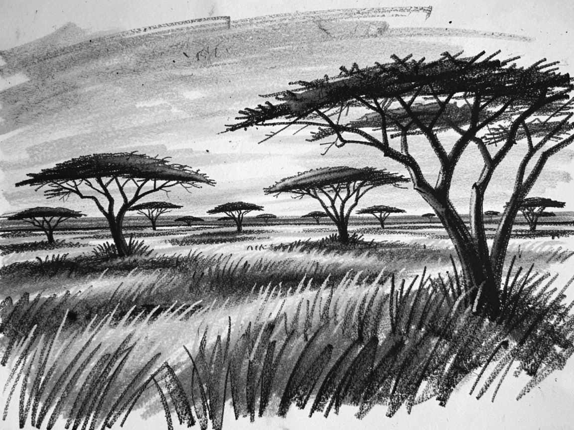 A sprawling savanna at sunset with golden light streaming through the trees.