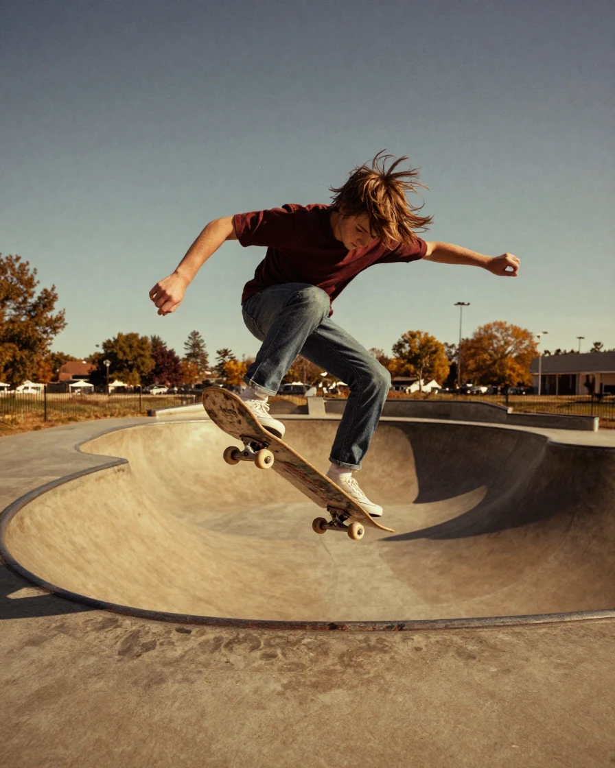 A teenage skateboarder pausing mid-trick, hair caught in the wind, under a canopy of stars, on a clear, cloudless day, in the mild days of early autumn, dominated by warm amber and rust tones, shot from directly overhead.