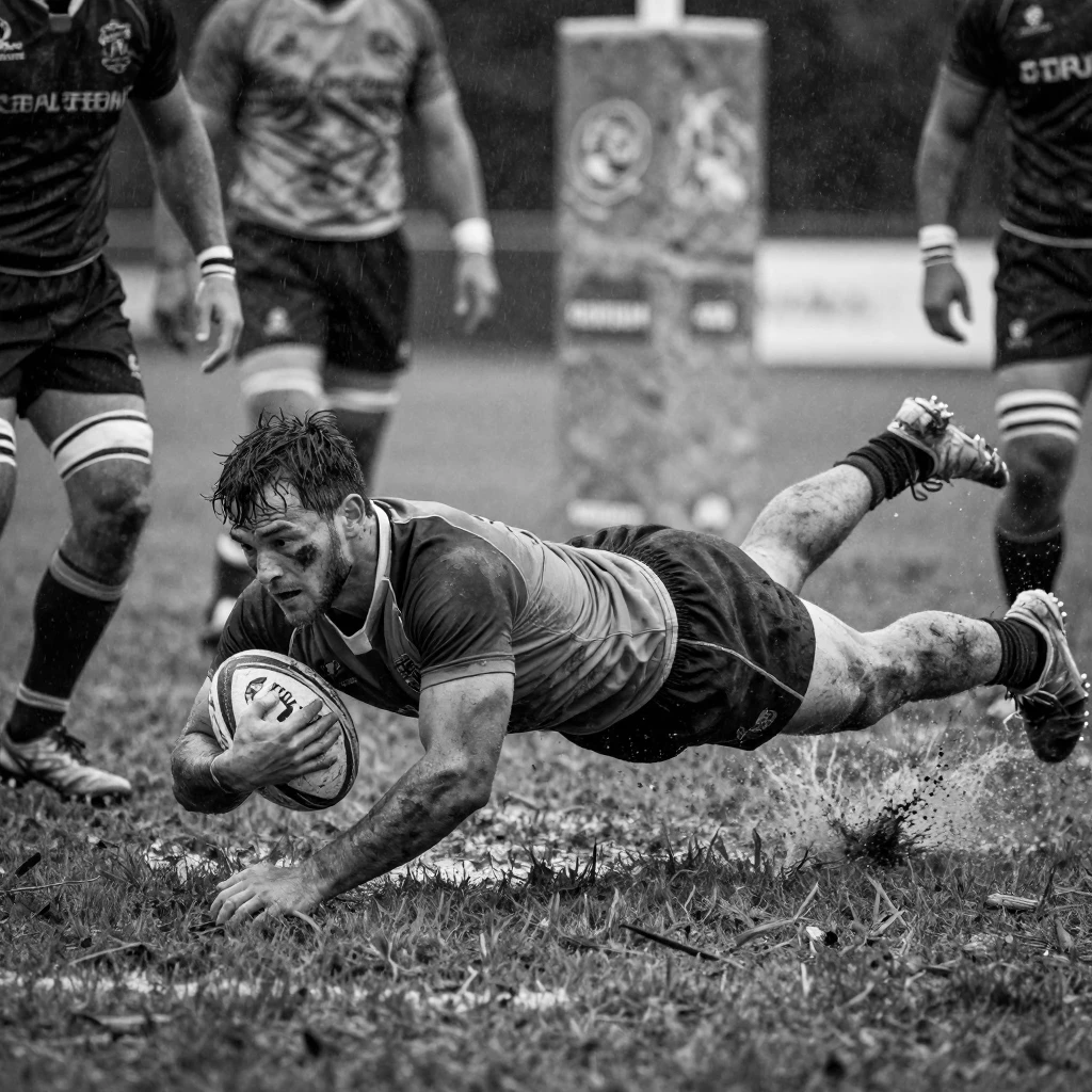 A rugby player dives to score in the final seconds on a rain-soaked pitch.