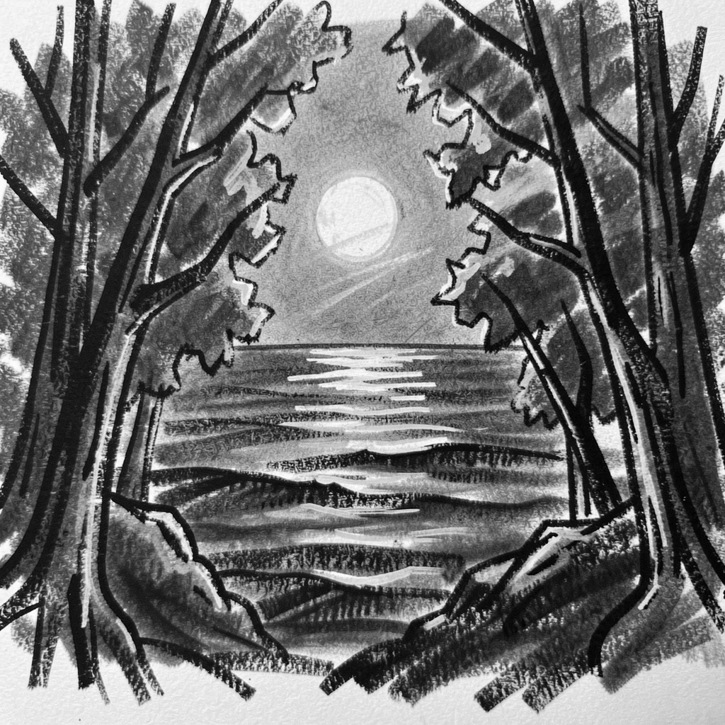 A moonlit ocean horizon with golden light streaming through the trees.