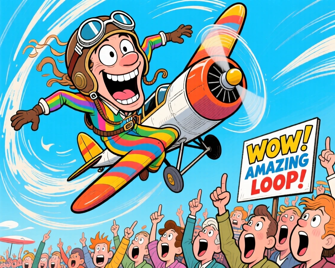 A daring stunt pilot performing a dramatic loop at an airshow, crowd gasping below.