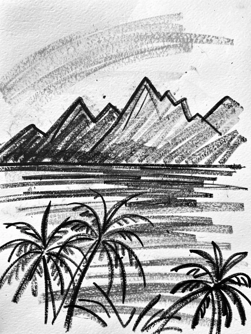A tropical lagoon with distant mountains fading into blue haze.