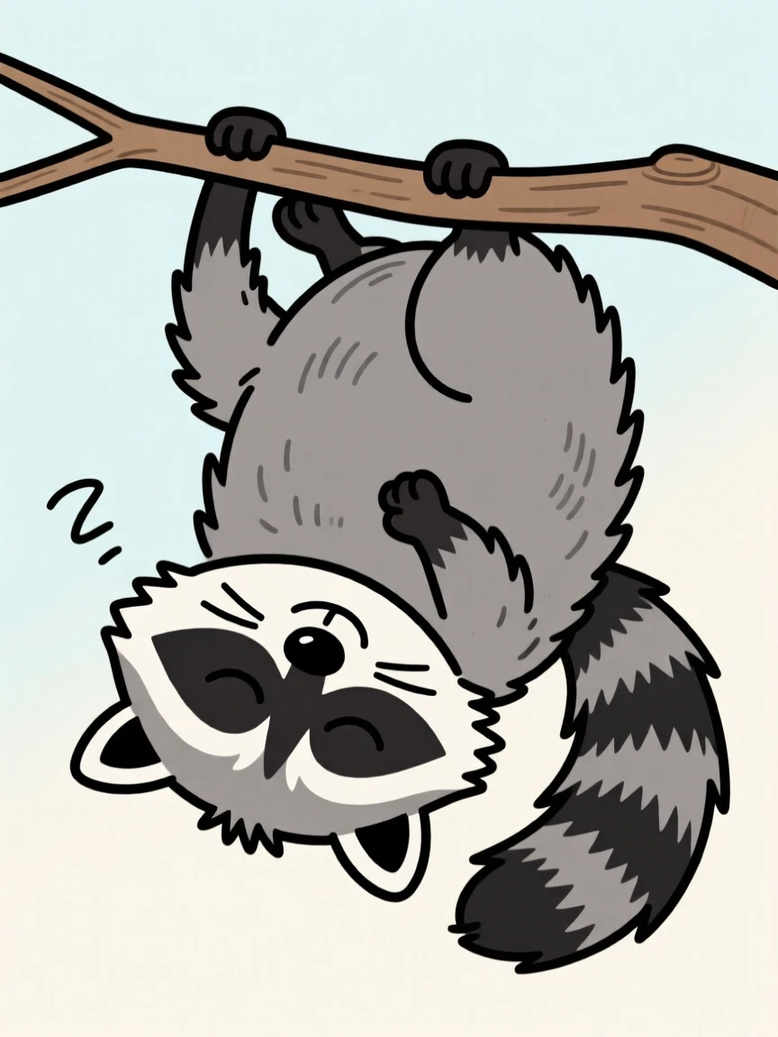A charming animal moment featuring a curious raccoon napping in the most improbable position imaginable, with feathers or fur puffed out dramatically.