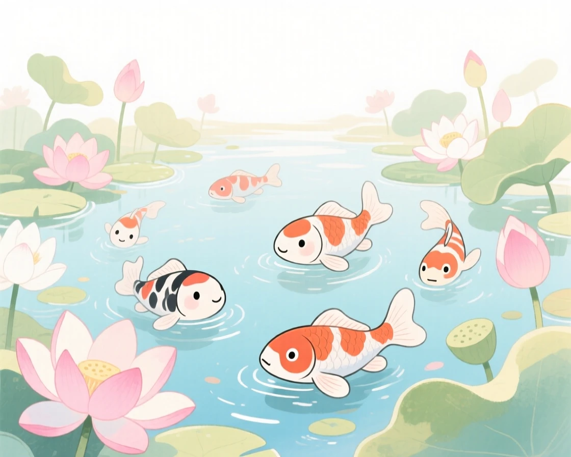A serene landscape of a peaceful koi pond surrounded by blooming lotus flowers in soft morning light