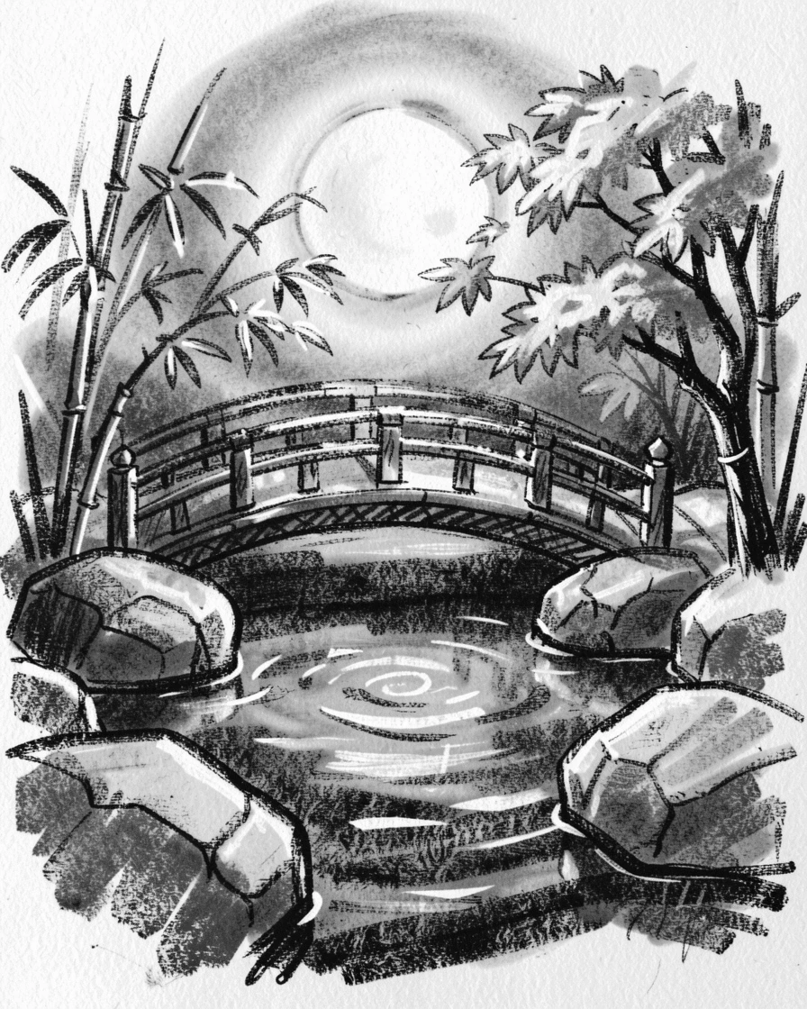A tranquil Japanese garden pond under the soft glow of the moon.