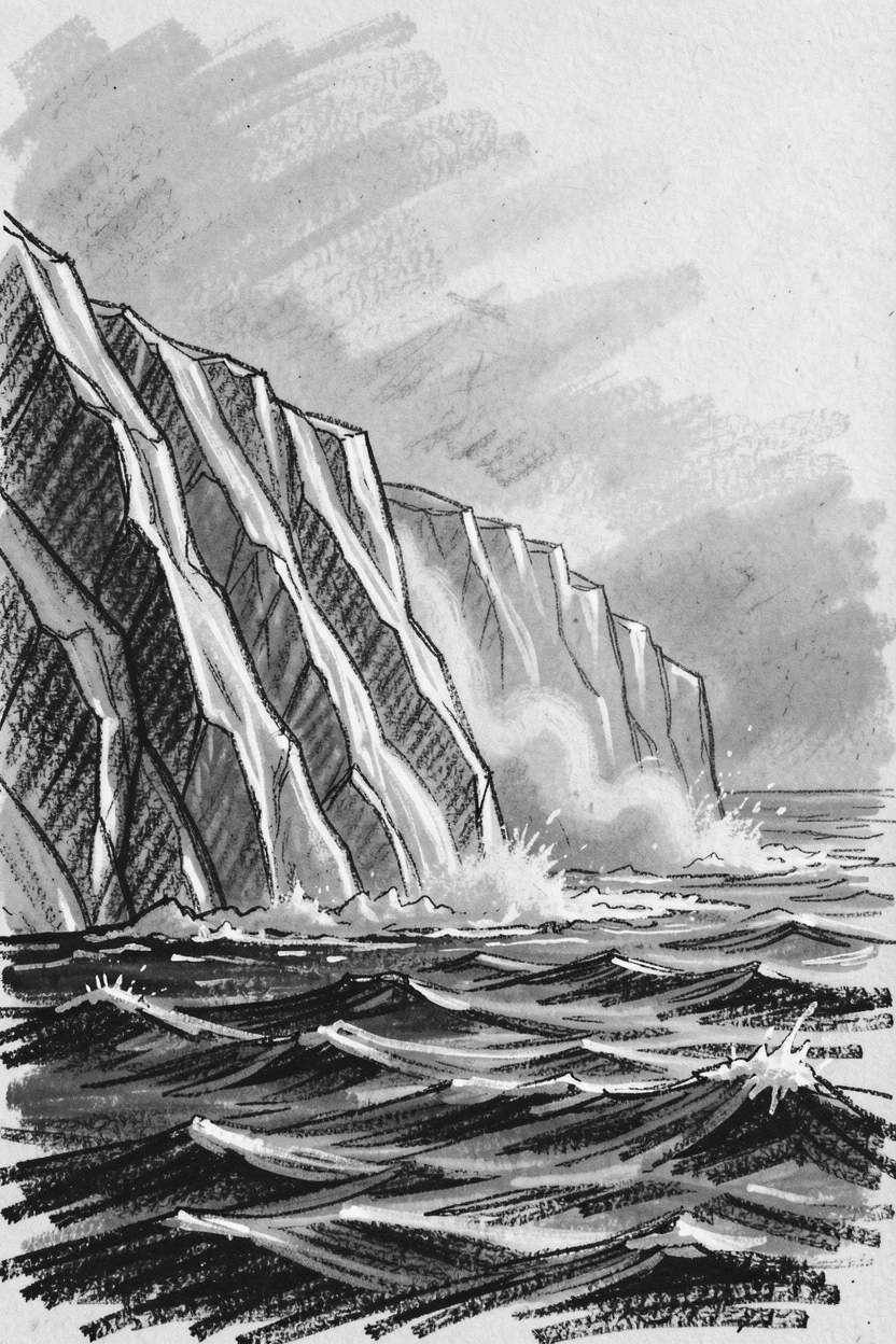 A glacier calving into the sea with mist rising gently at first light.