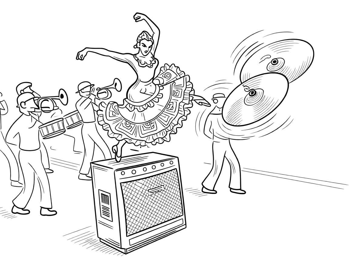 A flamenco dancer stomping with fierce, fiery focus, leaping off a monitor speaker mid-riff, set at the front of a parade marching band. Cymbals still shimmer from the last powerful hit. There's an infectious, larger-than-life energy to the moment.