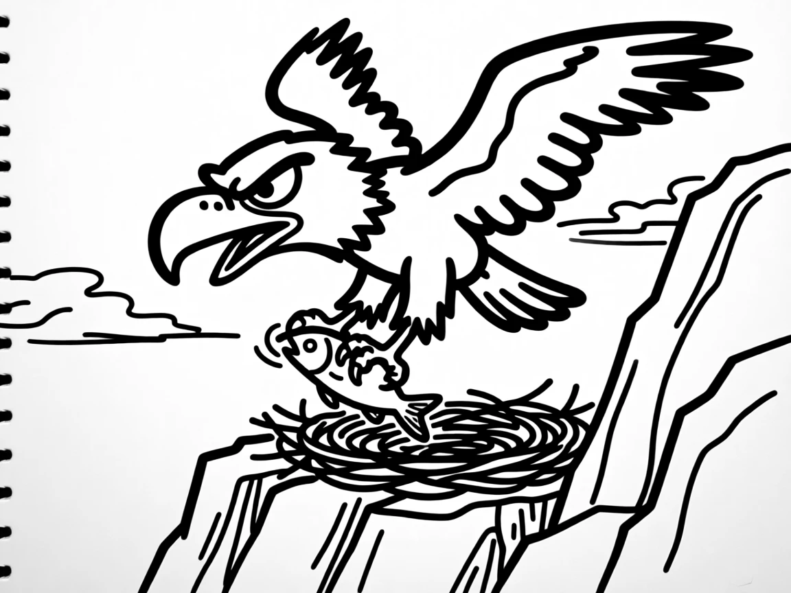 A bald eagle landing powerfully on a rocky cliffside nest with a fish in its talons.