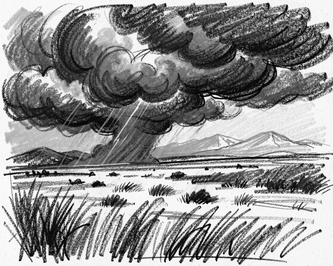 A dramatic thunderstorm rolling over open plains with distant mountains fading into blue haze.
