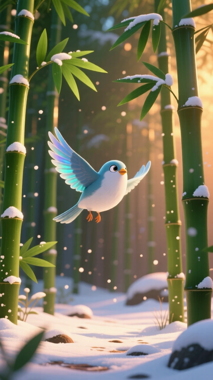A bamboo grove swaying gently glows while a light snow begins to dust the landscape, with a lone bird gliding silently overhead. A calming stillness settles over the landscape.