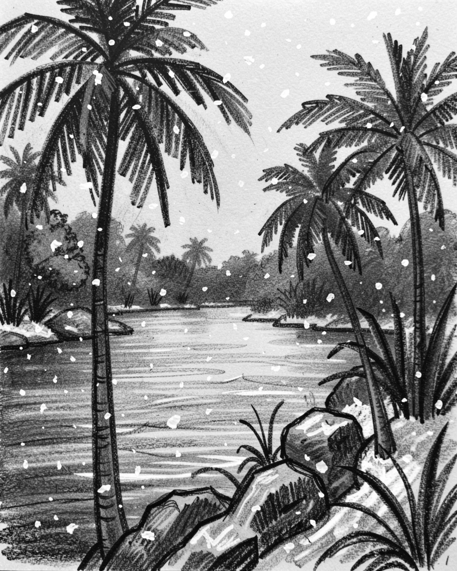 A tropical lagoon as a light snow begins to fall.