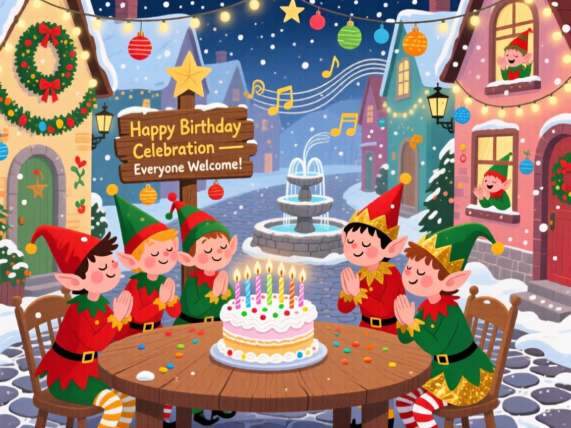 In a festive village street, a group of cheerful elves celebrate together by making a wish while blowing out birthday candles, while soft carols play in the background.