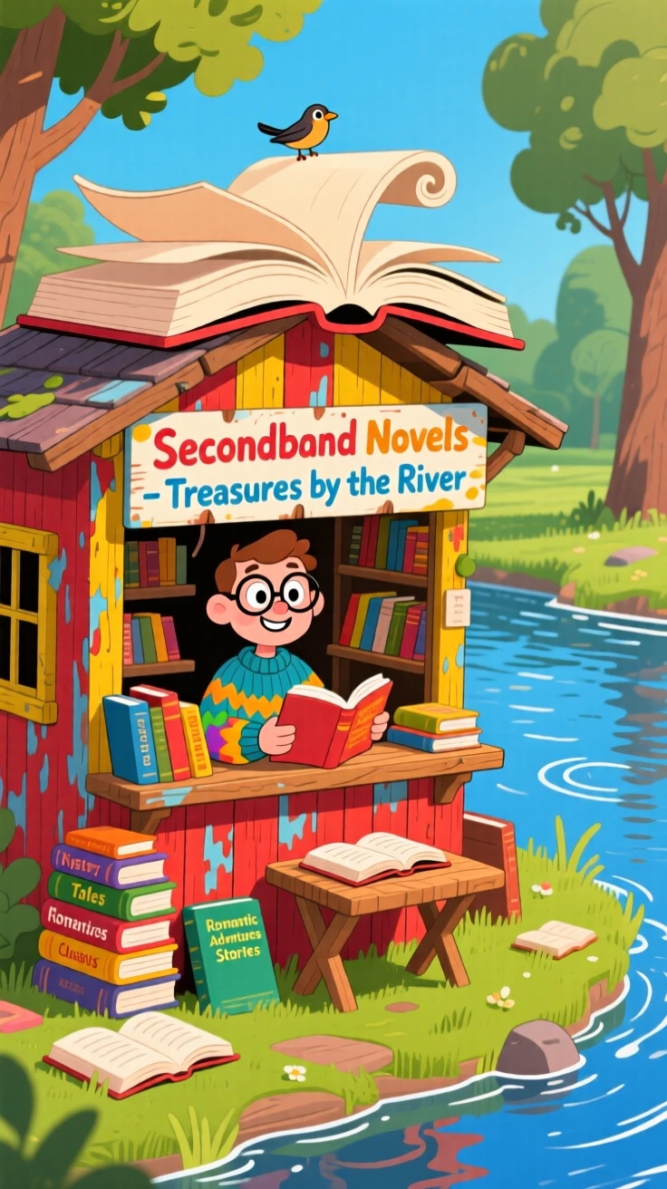 A quaint bookstall along a river selling secondhand novels.