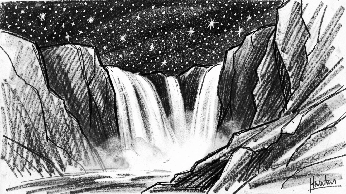 A towering waterfall beneath a canopy of stars.