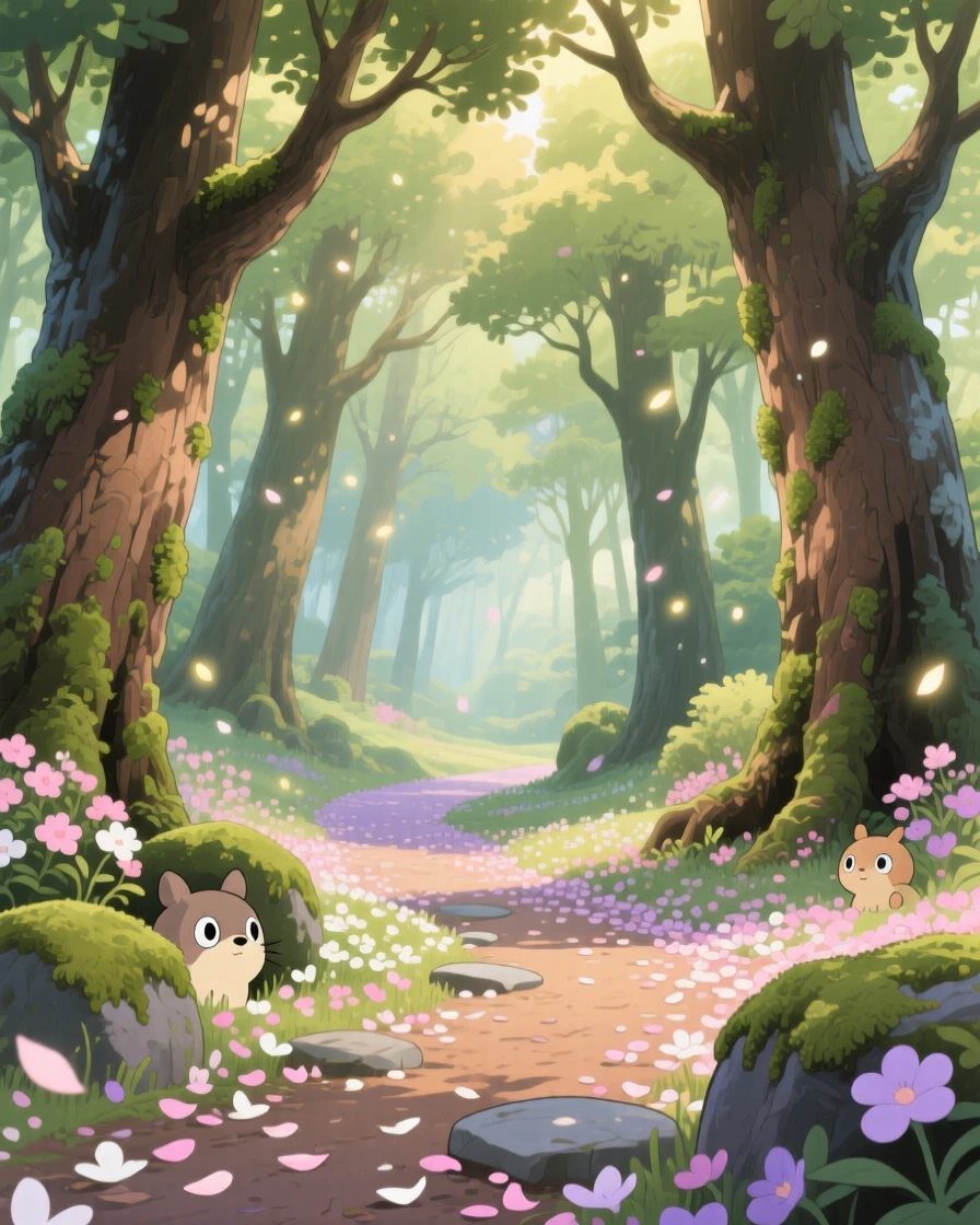 A forest path lined with towering ancient trees, a carpet of fallen petals covering the ground, creating a scene of quiet natural magic.