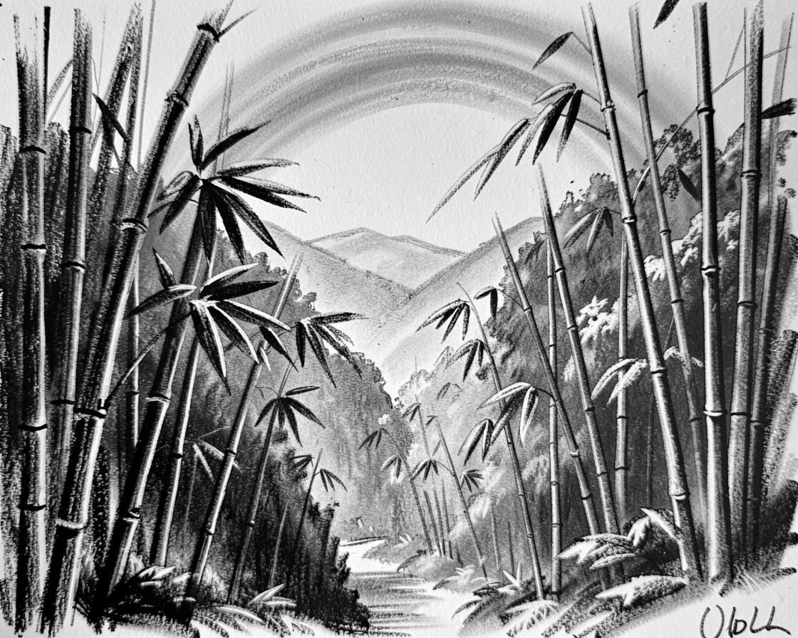 A bamboo forest with a rainbow stretching across the valley.