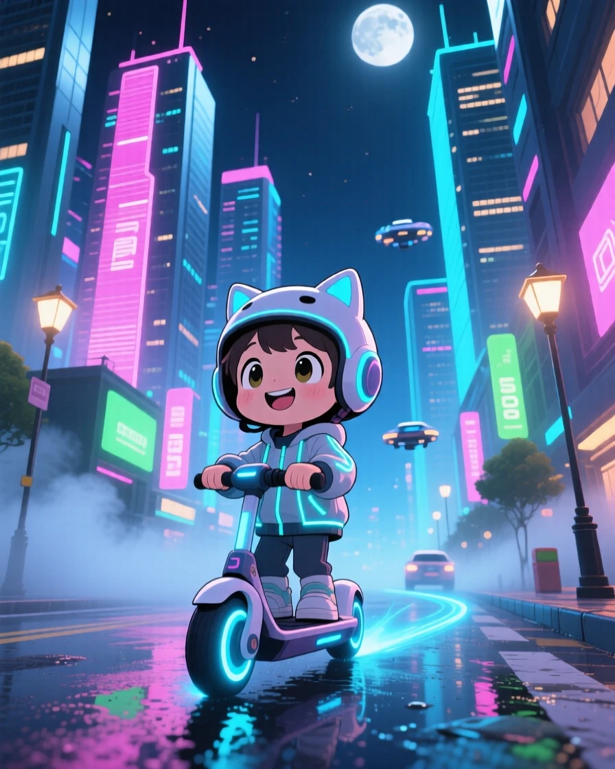 A child riding a hover-scooter through a neon-lit city street in a glowing futuristic cityscape at night on a misty foggy morning; soft moonlight washes over the scene as warm affection fills the moment. Low-angle shot looking up.
