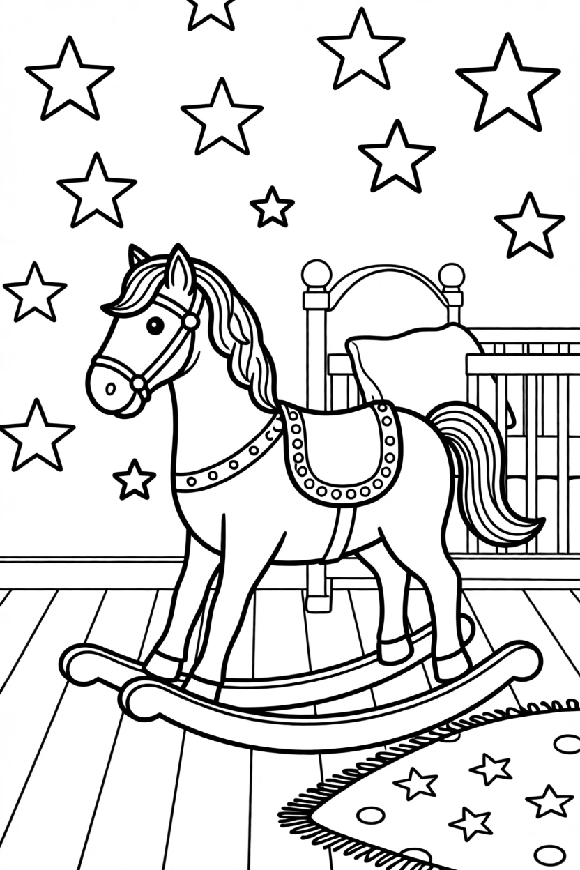 A rocking horse in a nursery decorated with stars