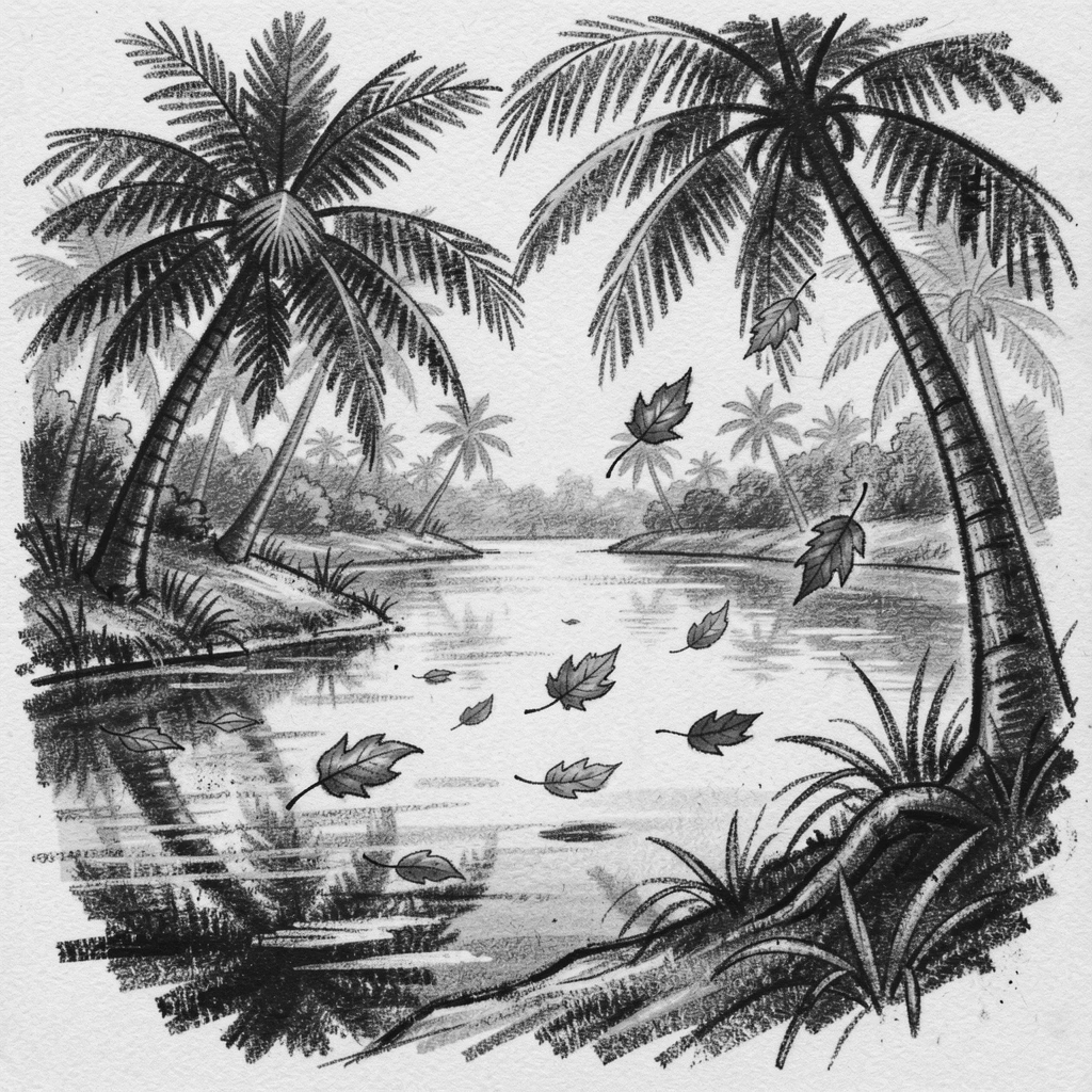 A tropical lagoon as autumn leaves drift on a gentle breeze.
