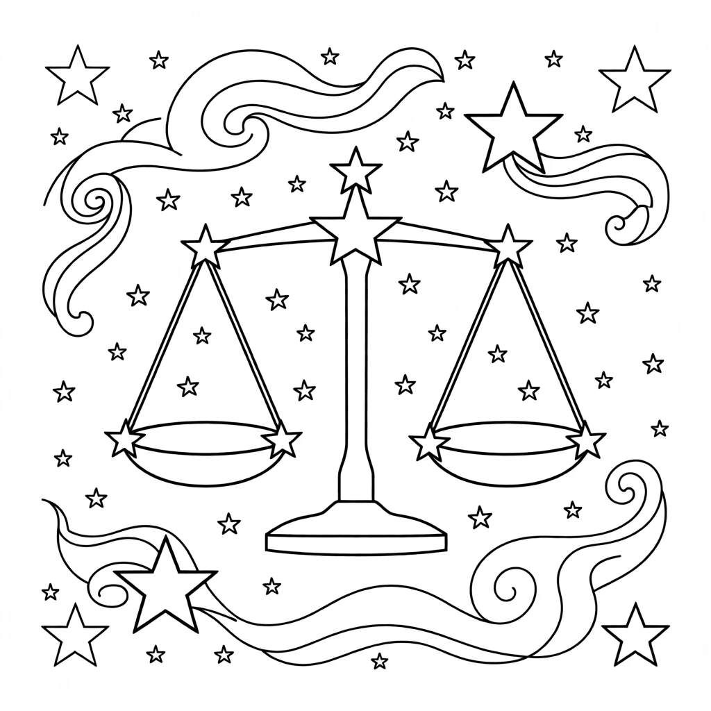A zodiac constellation illustration of Libra the scales, formed from connected stars against a night sky filled with smaller stars and swirling nebula clouds.