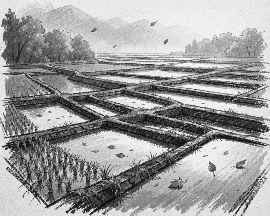 A quiet dawn over rice paddies as autumn leaves drift on a gentle breeze.