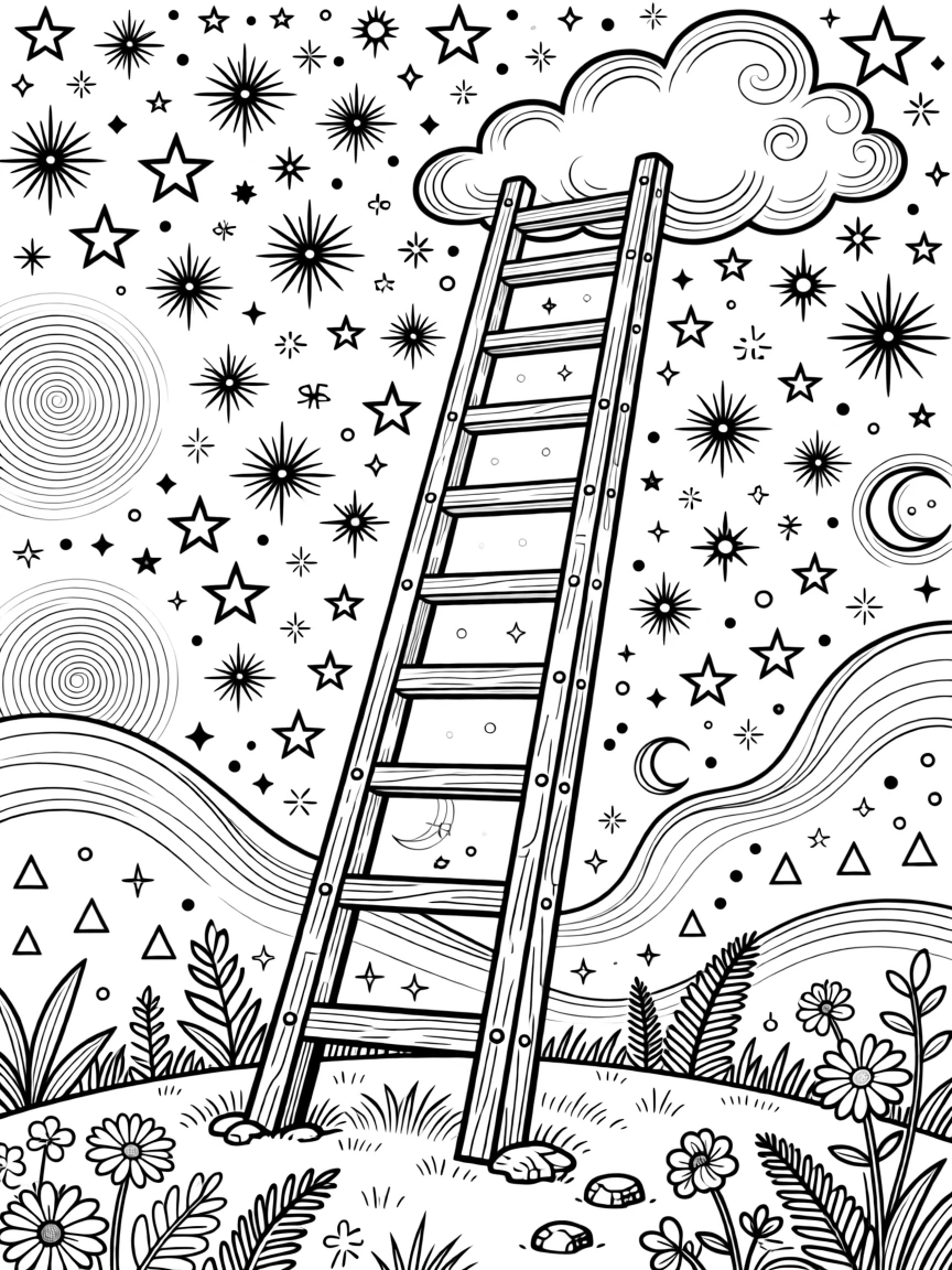 A ladder reaching from the ground into a sky full of stars.