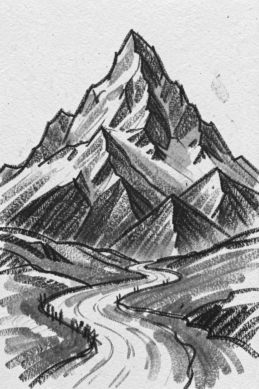 A snow-capped peak with a lone winding path leading into the distance.