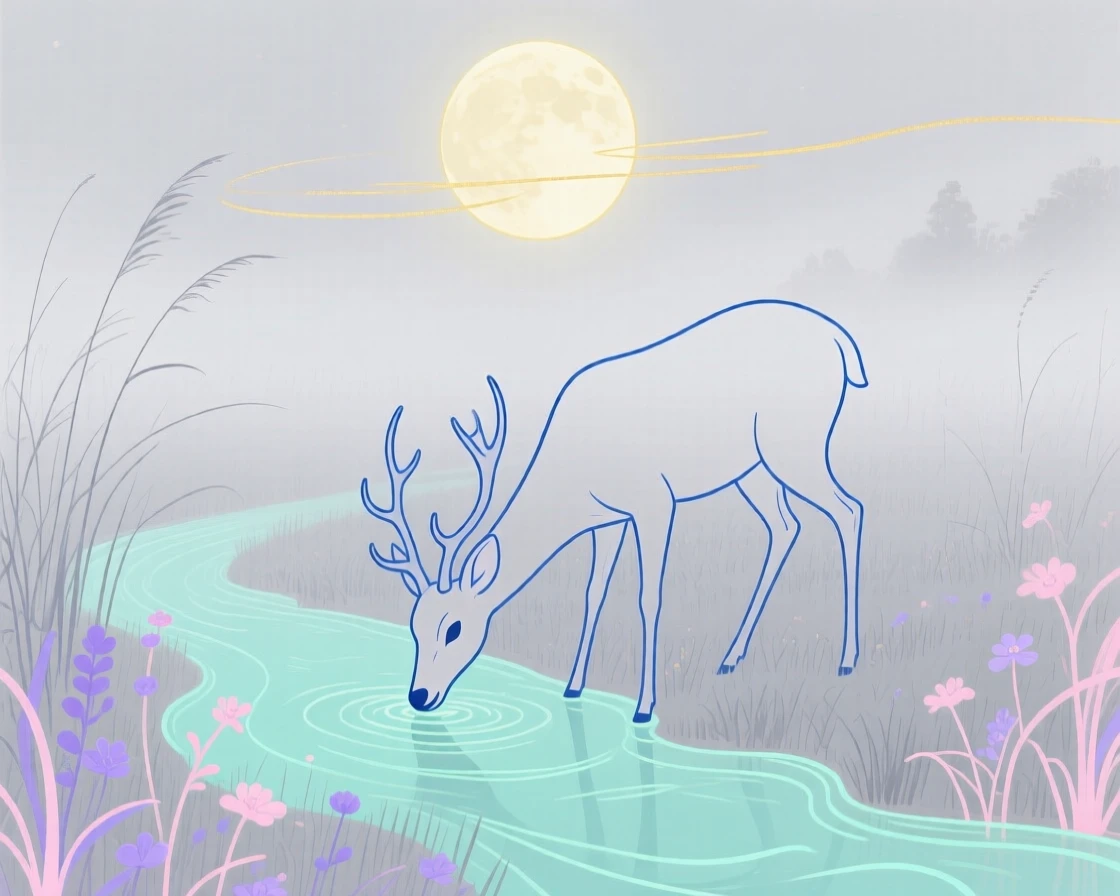 A gentle deer drinking from a stream in a misty morning field under a full moon.
