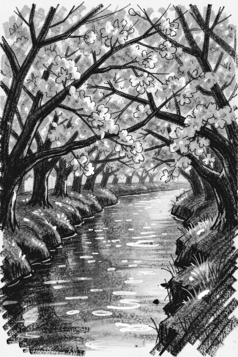 A cherry blossom-lined river as morning dew glistens on every surface.