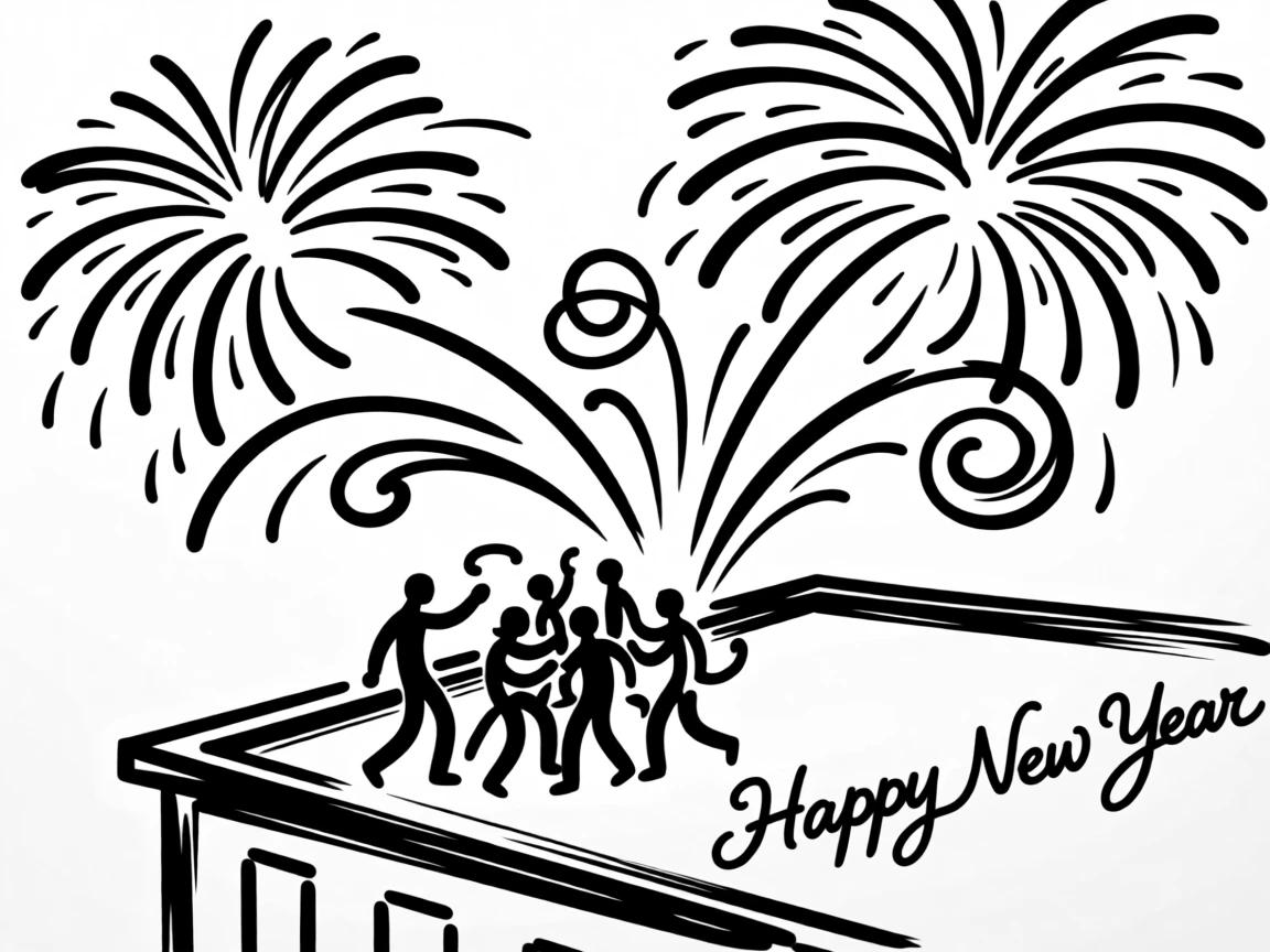 A New Year's Eve rooftop party with fireworks bursting overhead.