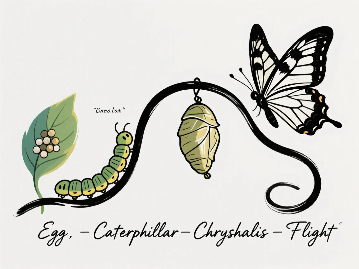 A diagram-style scene of a butterfly's life cycle from egg to flight.
