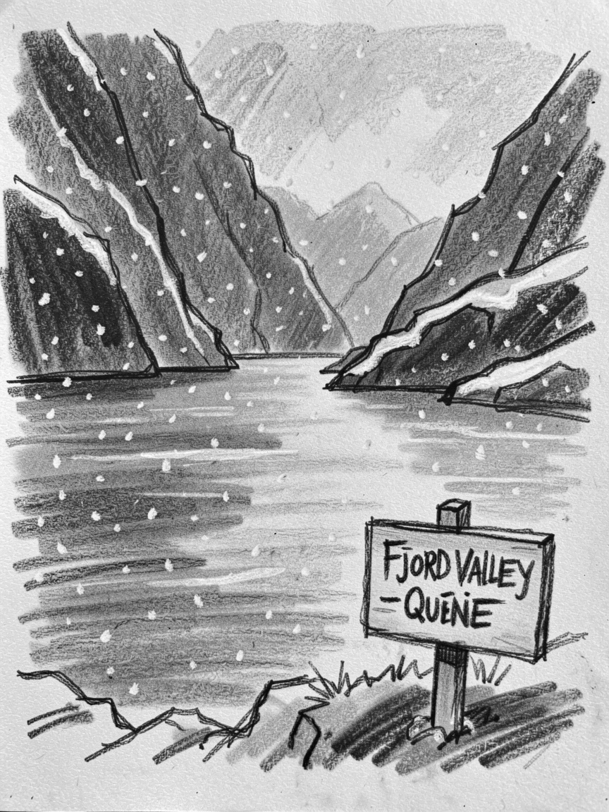 A quiet fjord as a light snow begins to fall.