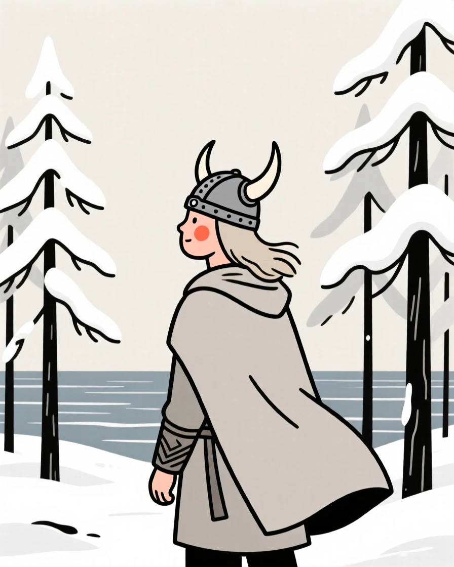A viking explorer gazing at the sea, in a snow-covered pine forest.