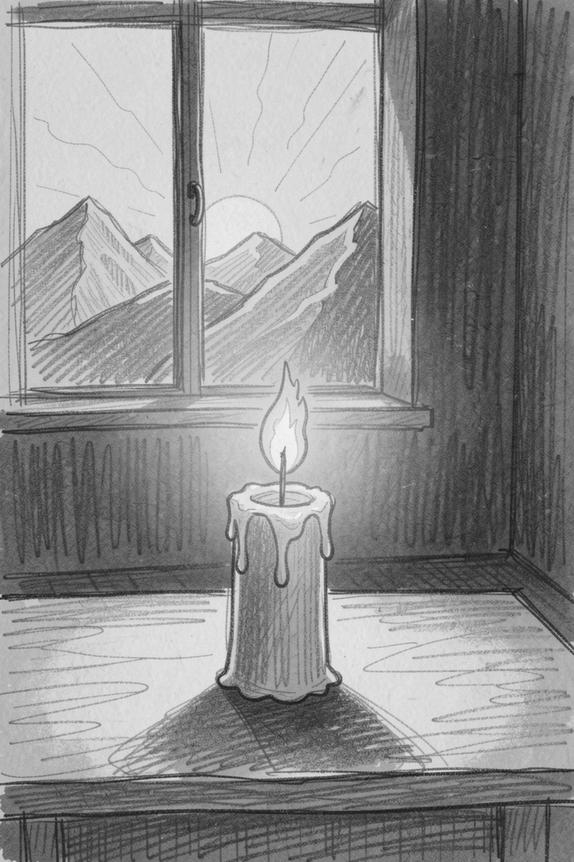 A single candle glowing in a dark, quiet room, as the sun rises over distant mountains, radiating quiet hope and renewal.