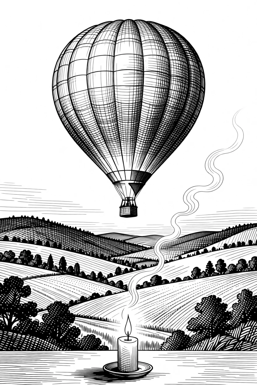 A hot air balloon drifting over a peaceful valley as steam rises slowly into the still air, with a candle flickering steadily nearby, evoking a full of quiet gratitude sense of calm.