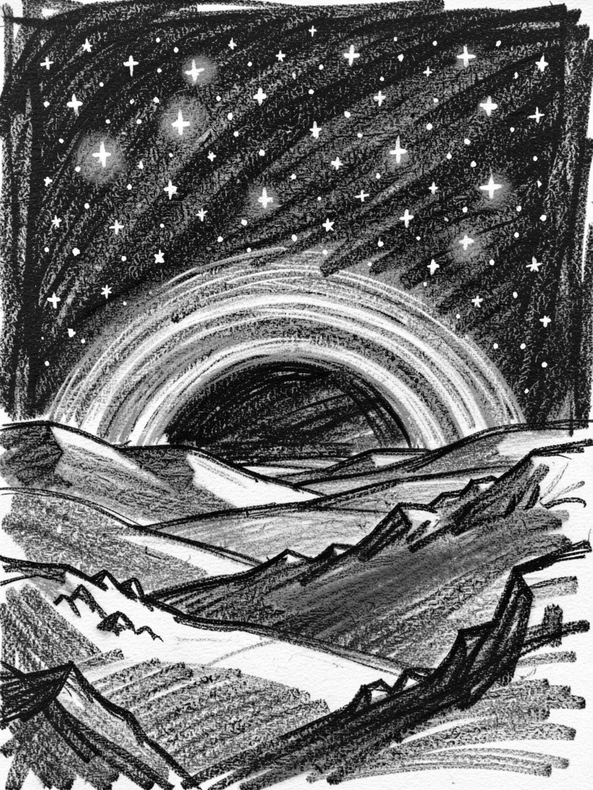 A star-filled night sky over a desert with a rainbow stretching across the valley.