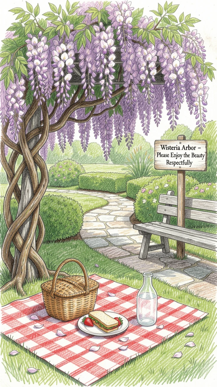 A picnic beneath a blooming wisteria arbor in a public garden, with delicate details that reward a closer look, celebrating a moment people would love to revisit.