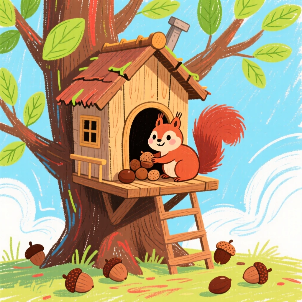 A squirrel storing acorns inside a tiny wooden treehouse.