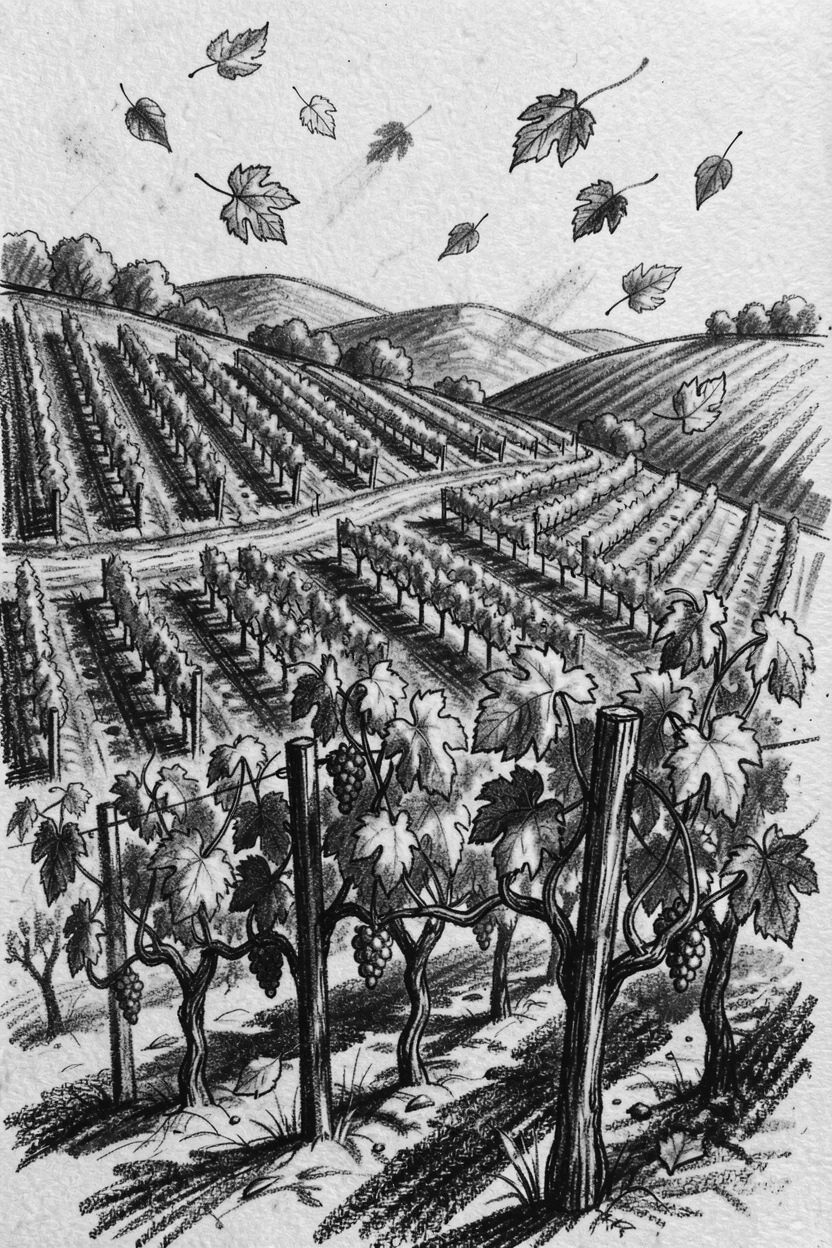 A rolling vineyard hillside as autumn leaves drift on a gentle breeze.