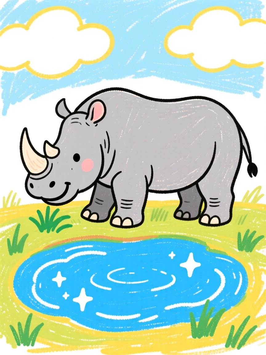 A rhinoceros grazing near a watering hole beside a sparkling watering hole.