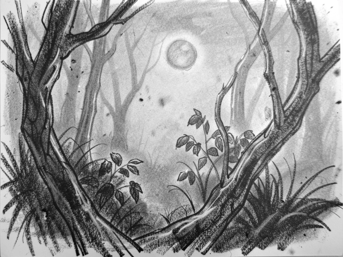 A dense misty forest under the soft glow of the moon.