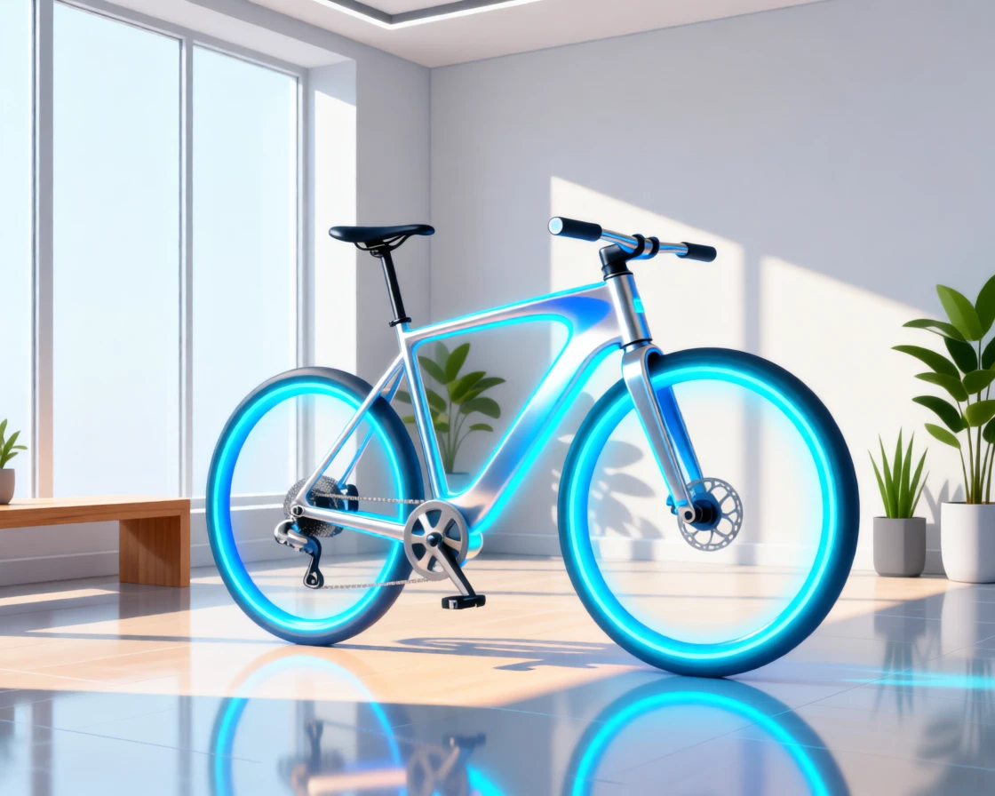 A futuristic bicycle with a sleek glowing frame, set within a bright, sunlit contemporary room, composed with a friendly, approachable sense of innovation, with sleek metallic textures catching soft light.