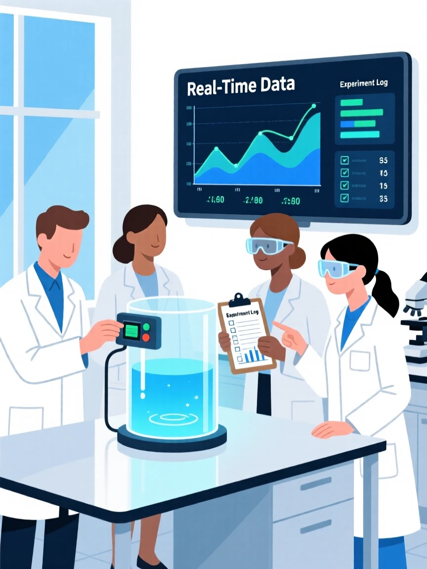 A research team monitoring an experiment in a bright research lab.