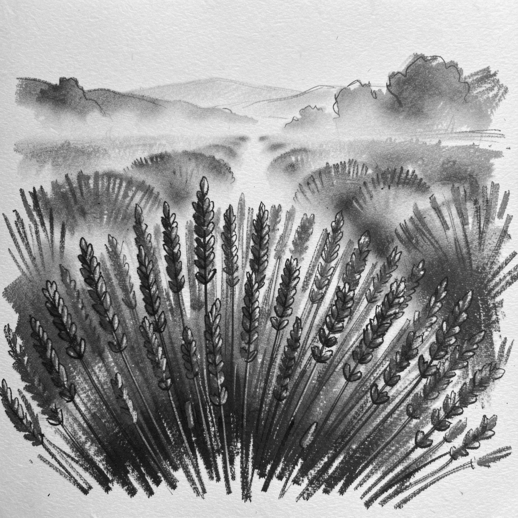 A lavender field in full bloom with mist rising gently at first light.