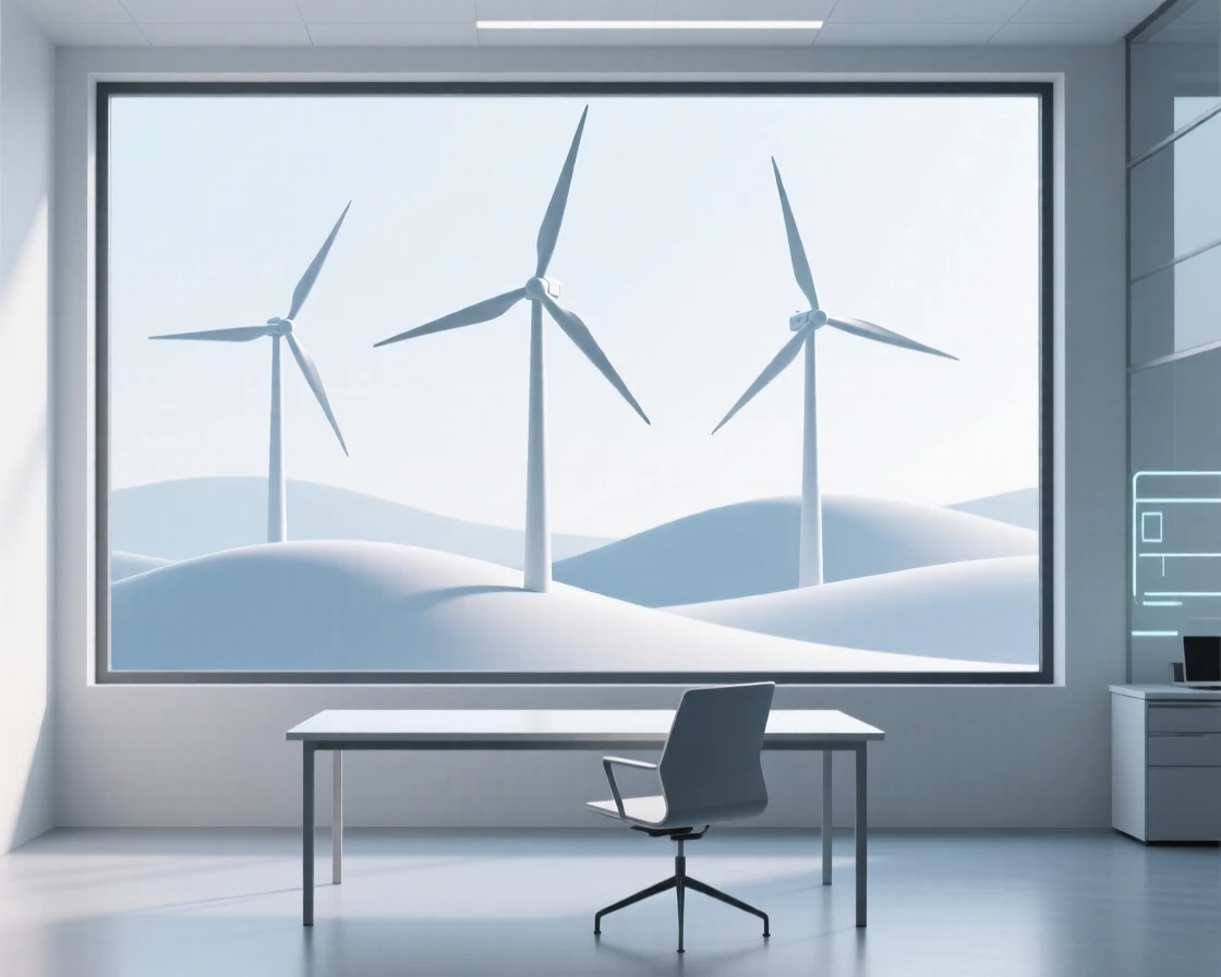 A sleek wind farm on rolling hills placed in a minimalist tech office, surrounded by soft ambient lighting, conveying inventive curiosity.
